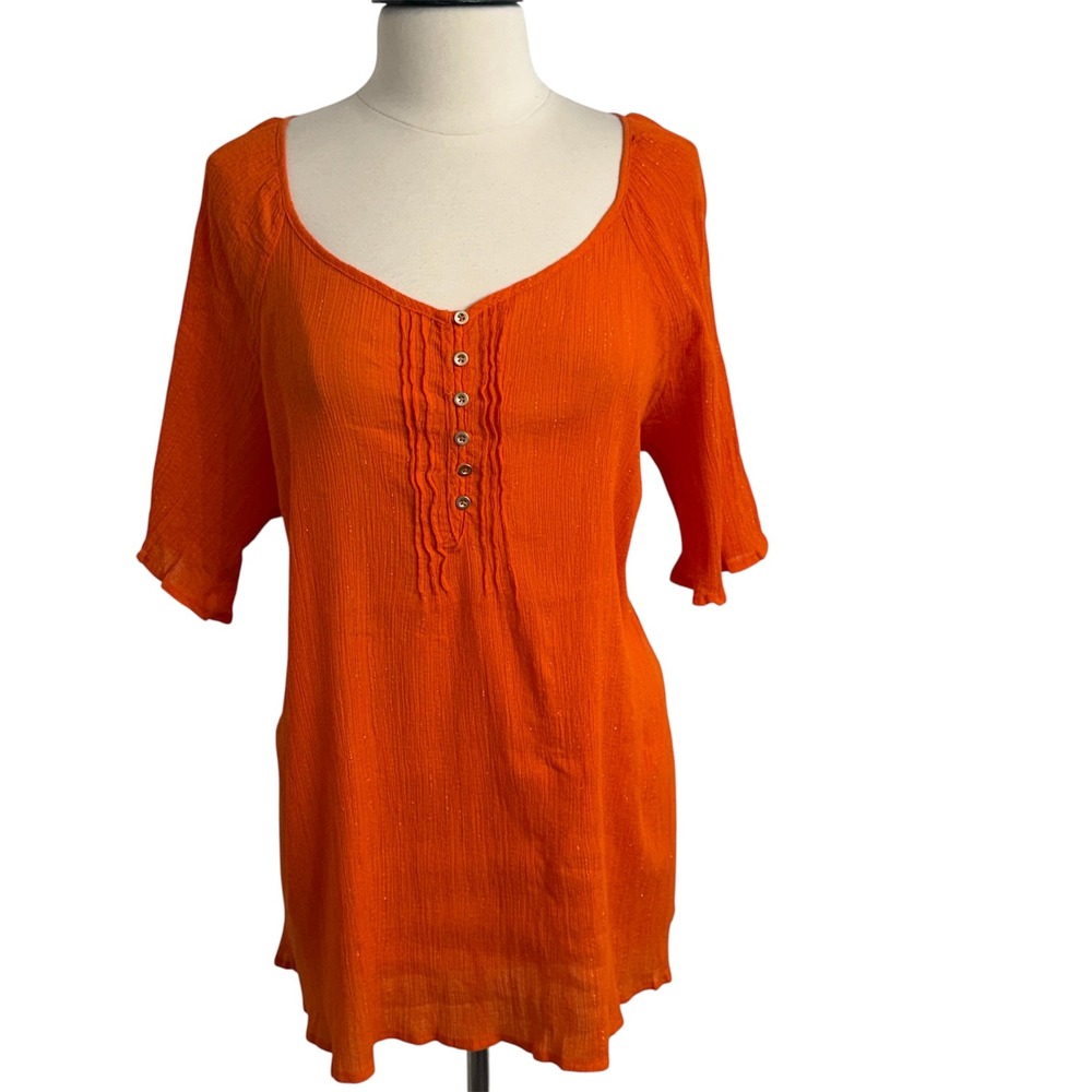 Liz‎ & Me Ruffled Short Sleeve Crinkle Textured Henley Tunic Blouse